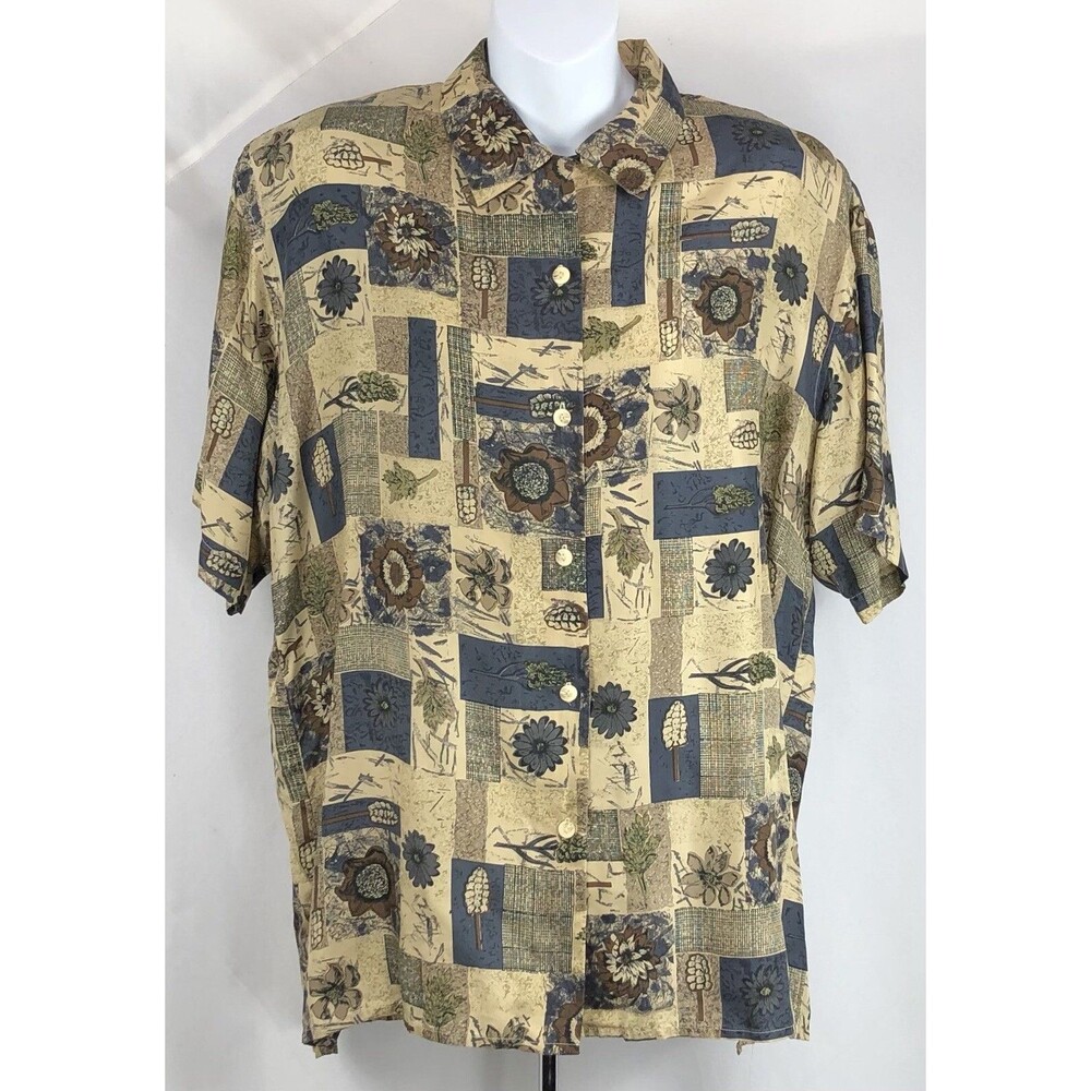 Vintage stunt 100% silk top blouse M brown floral button up short sleeve 80s 90s